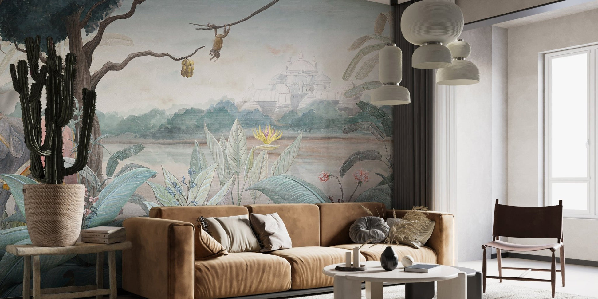 Royal Elephant Watercolor Wall Mural in a spacious apartment living area.