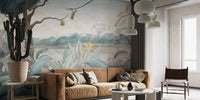 Royal Elephant Watercolor Wall Mural in a spacious apartment living area.