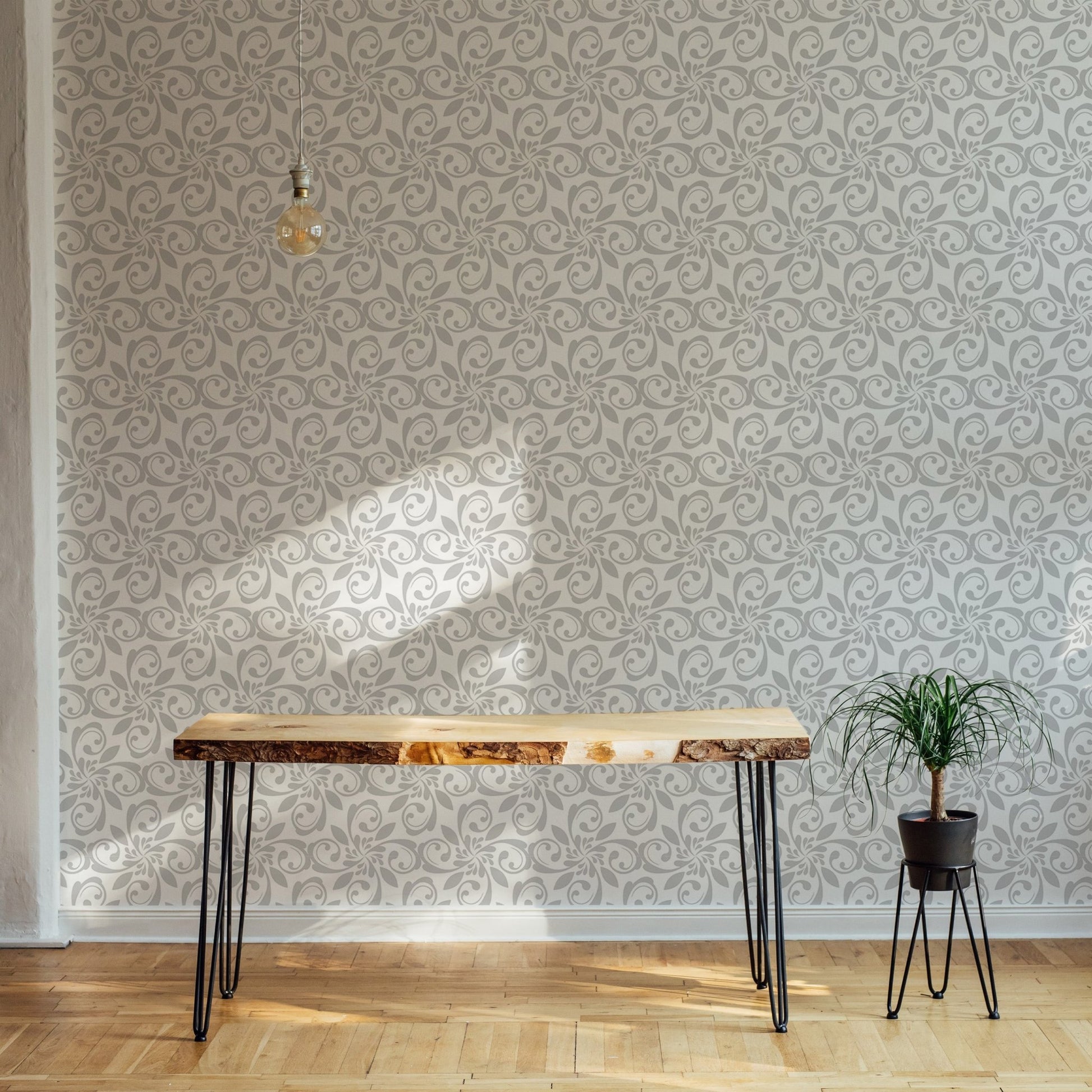 Royal Floral Ornament Beautiful Damask Pattern Wallpaper in living area with wood table.