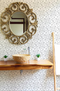 Royal Floral Ornament Beautiful Damask Pattern Wallpaper in bathroom with wood vanity.