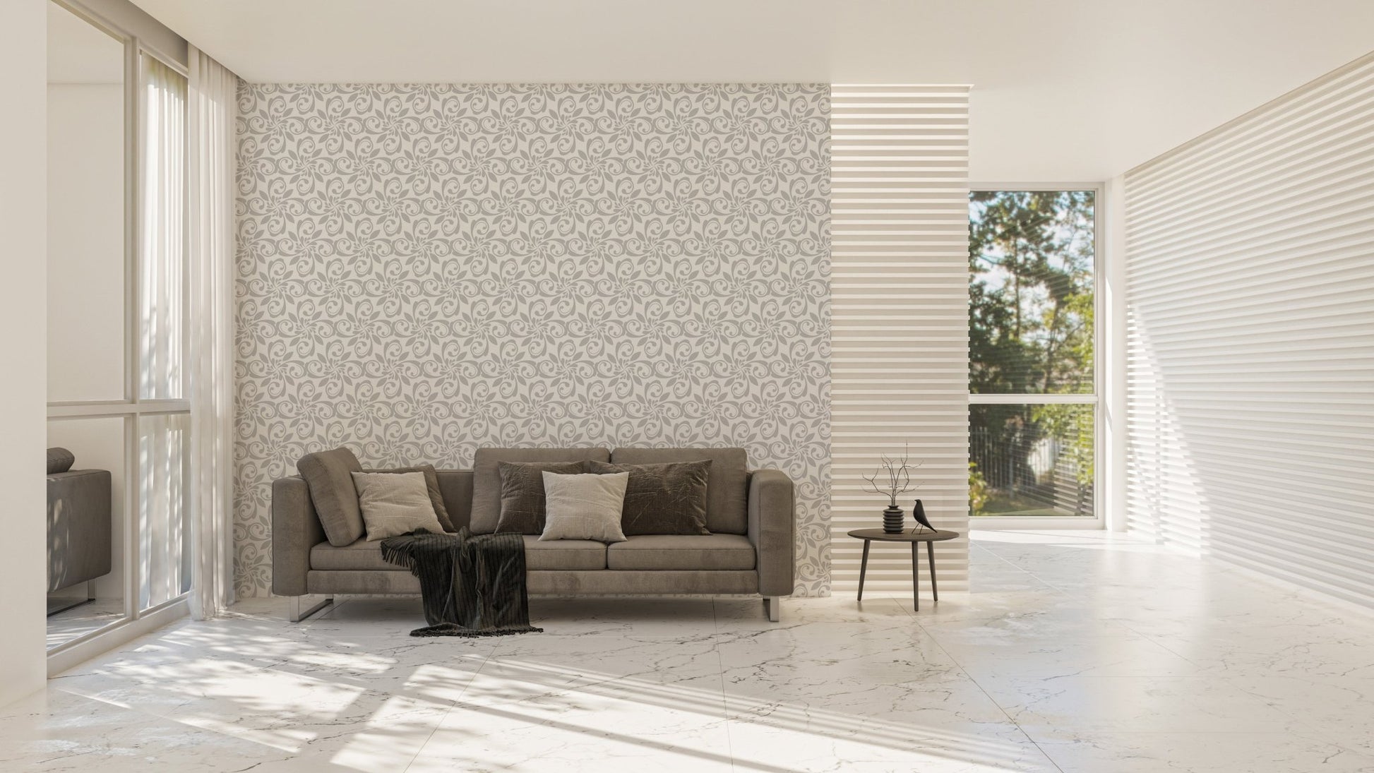 Damask pattern wallpaper in large living room with grey sofa and floor lamp.