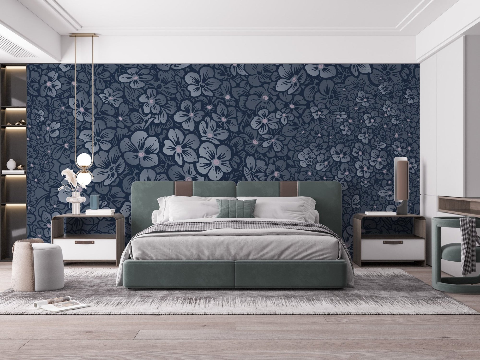 Royal Navy Floral Delight Wall Murals in a modern bedroom with a green bed.