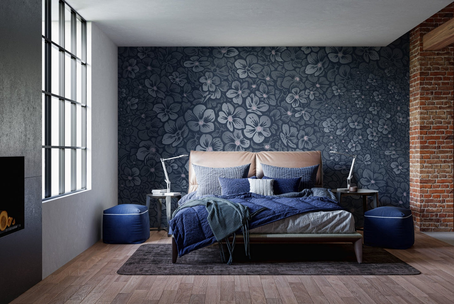 Luxurious navy mural with regal floral patterns for bedroom interiors.

