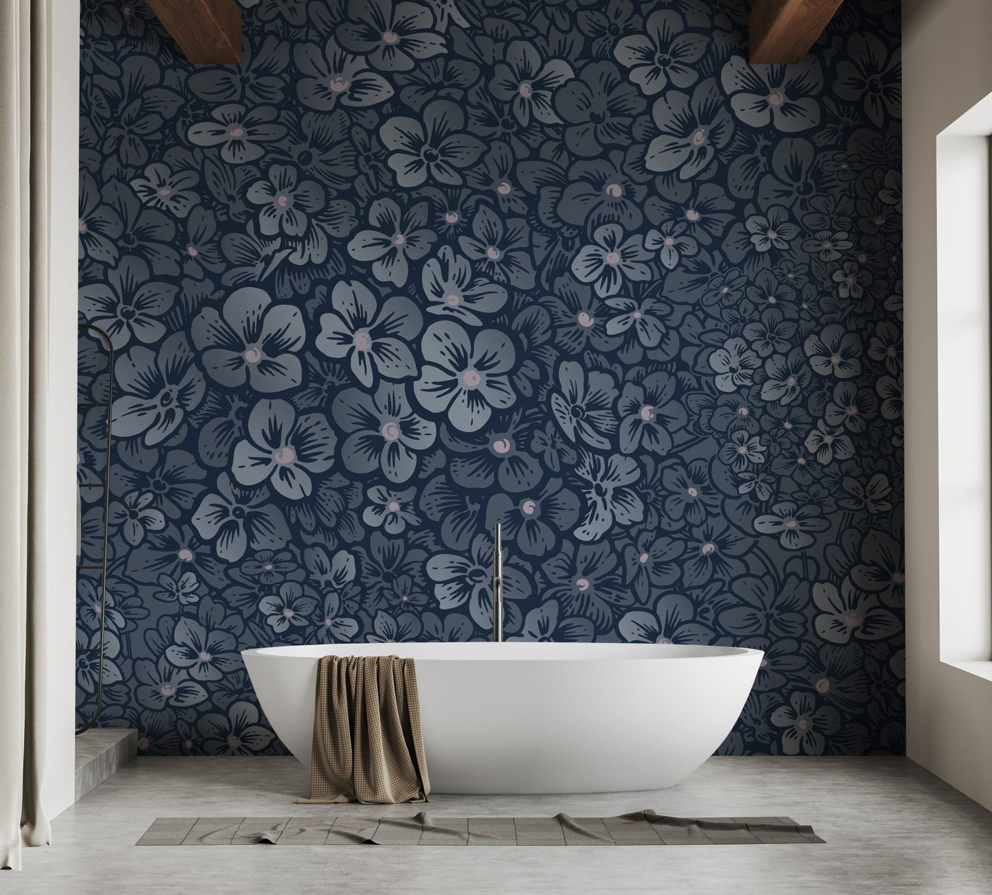 Waterproof floral wall mural behind a white freestanding bathtub in a bathroom.