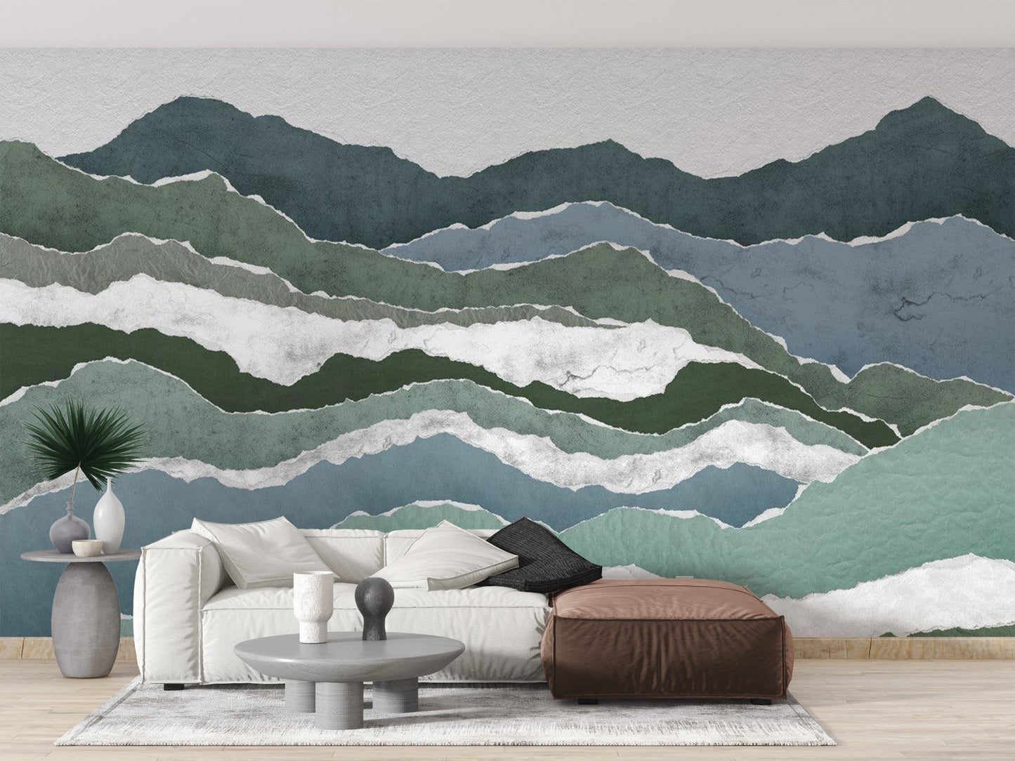 Minimalist mountain peak wallpaper with slate blue and sage green color palette.