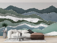 Minimalist mountain peak wallpaper with slate blue and sage green color palette.