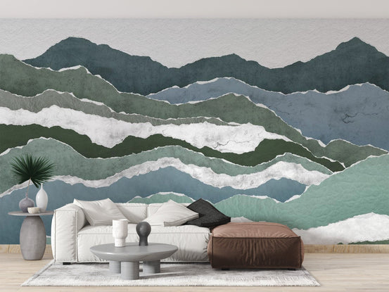 Minimalist mountain peak wallpaper with slate blue and sage green color palette.