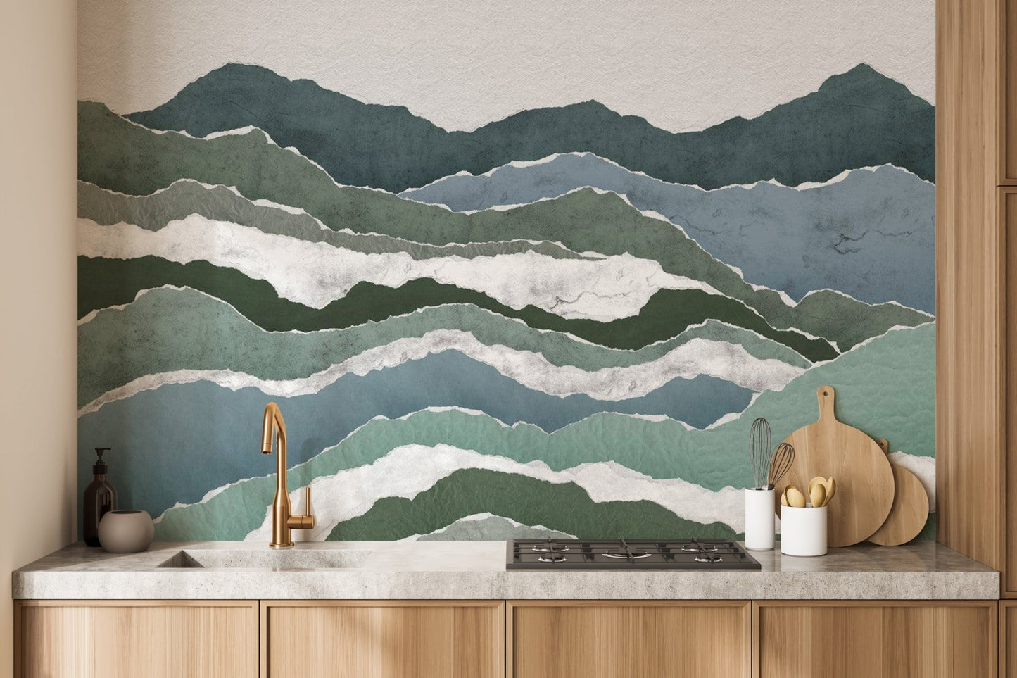 Royal peaks watercolor wallpaper featuring layered green and blue mountain ridges.