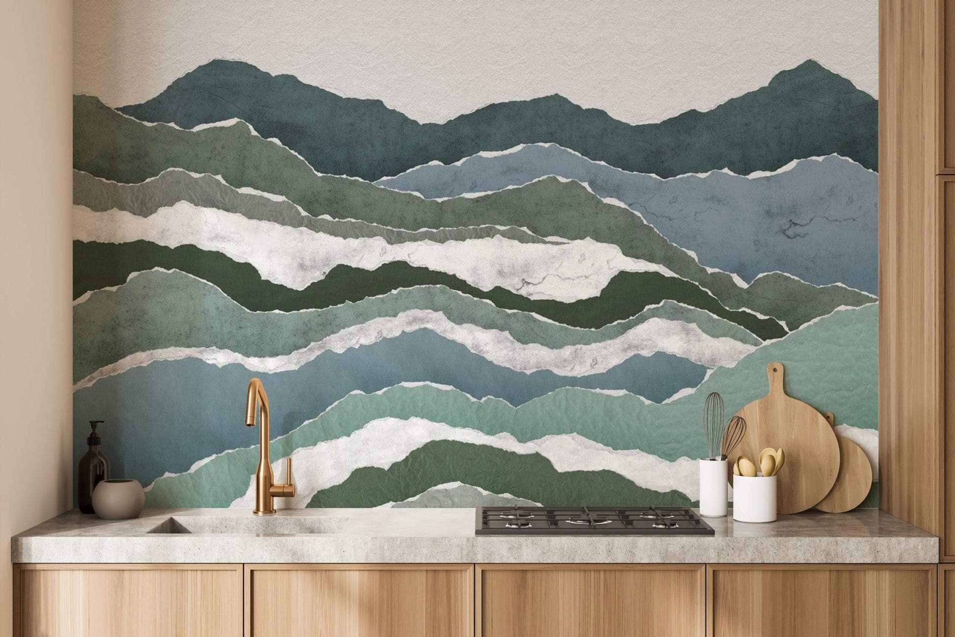 Royal peaks watercolor wallpaper featuring layered green and blue mountain ridges.