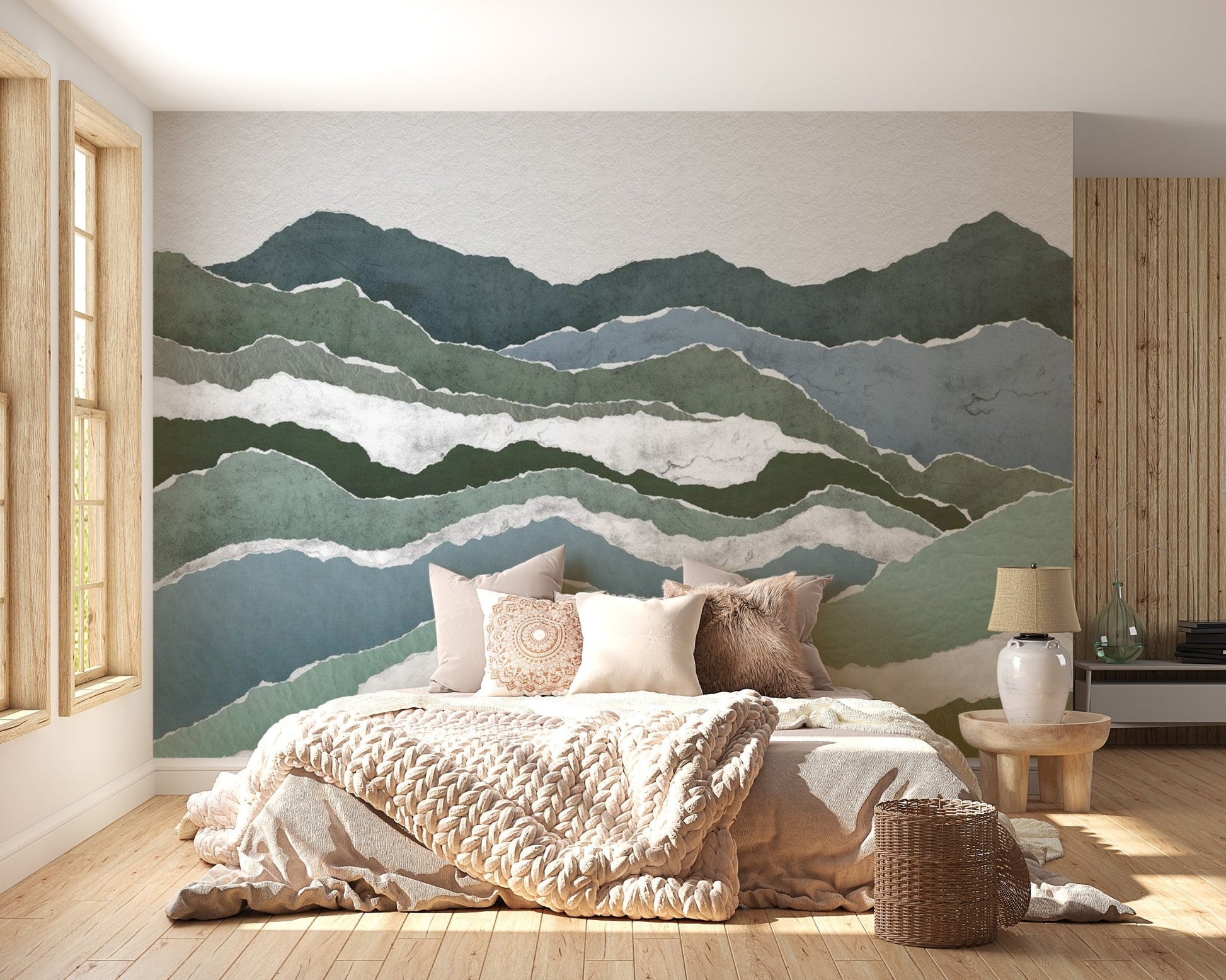 Royal peaks watercolor wallpaper displaying a serene wilderness inspired design.