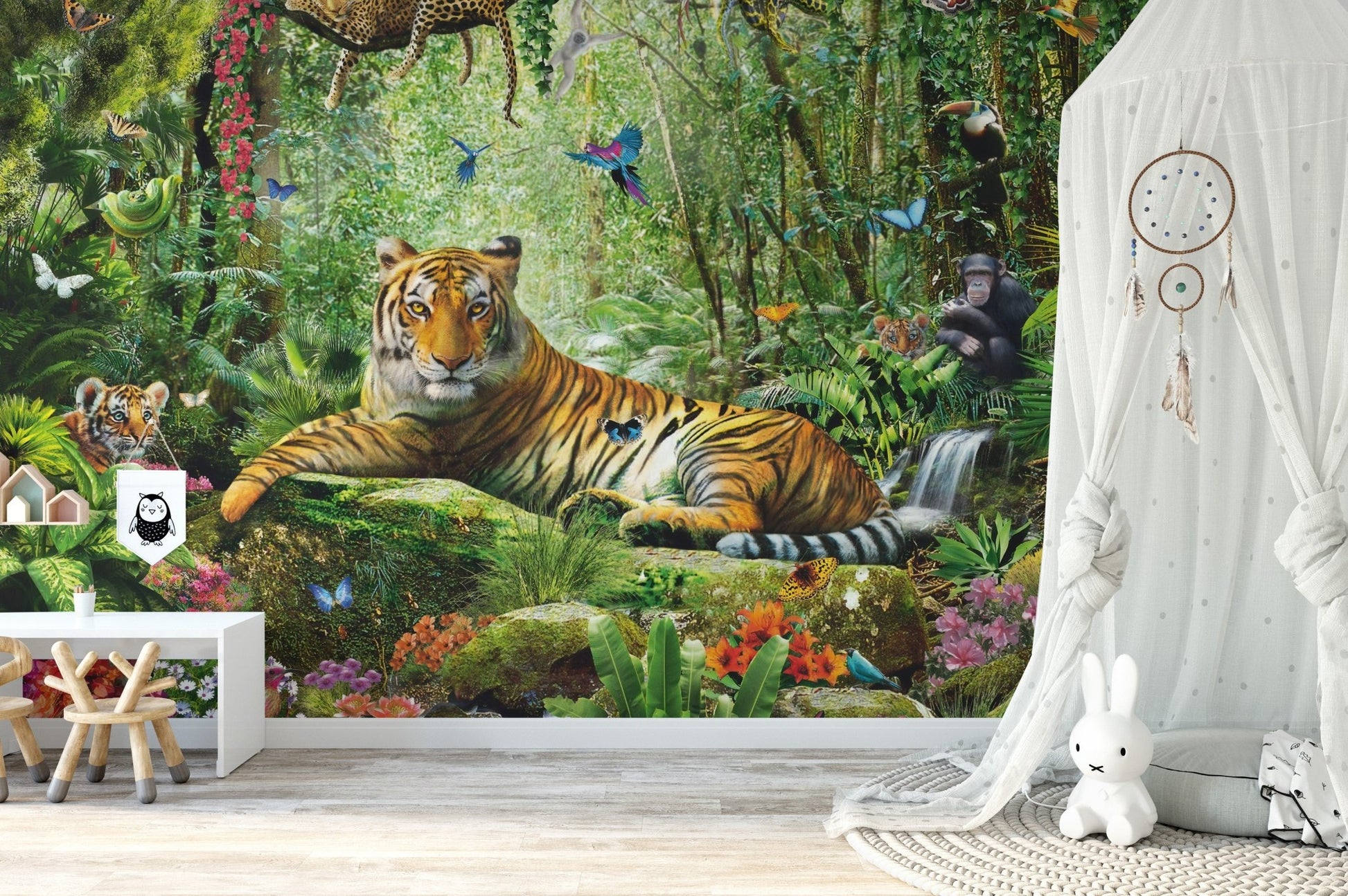 Royal safari wall mural in a bright room with a white dreamcatcher.