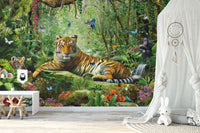 Royal safari wall mural in a bright room with a white dreamcatcher.
