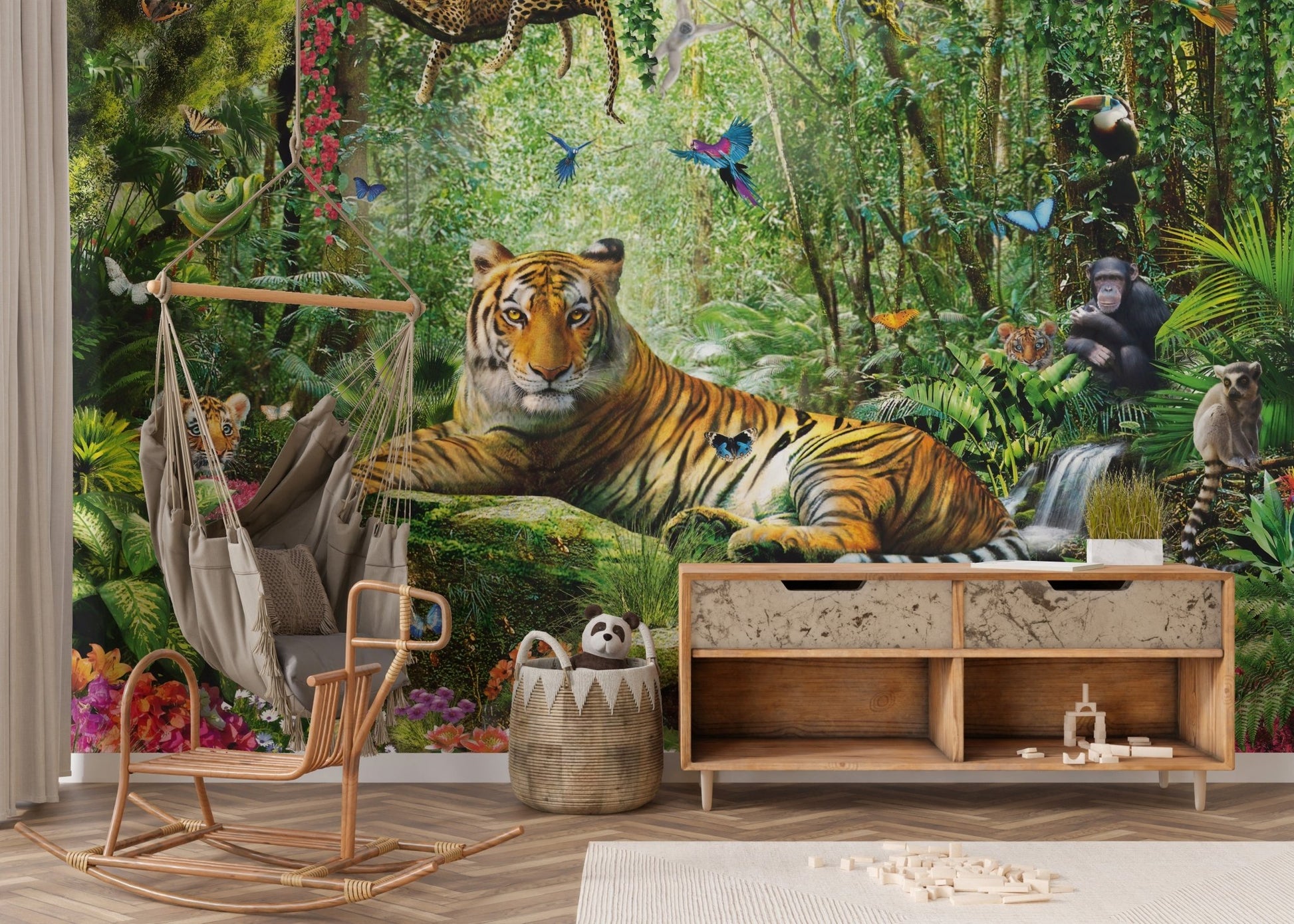 Wildlife safari wall mural with a tiger and swinging chair in a modern play area.