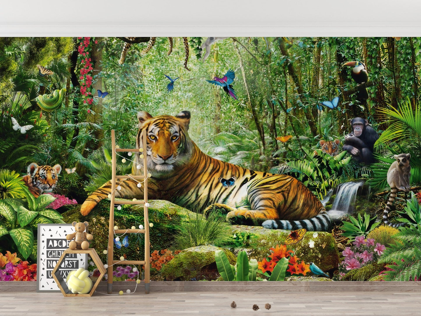 Royal Safari Landscapes Wall Mural featuring butterflies and a tiger in a kids area.