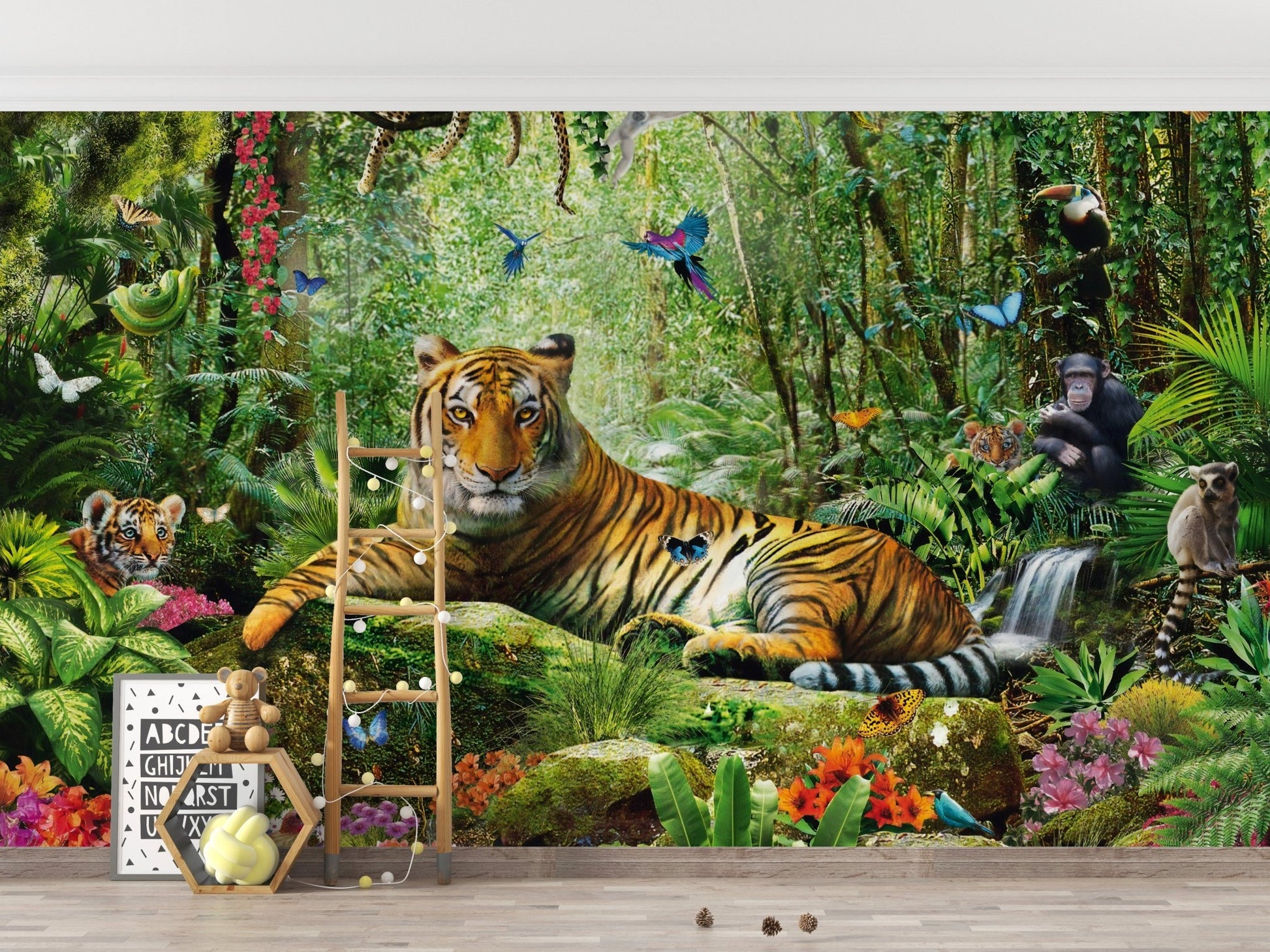 Royal Safari Landscapes Wall Mural featuring butterflies and a tiger in a kids area.