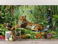 Royal Safari Landscapes Wall Mural featuring butterflies and a tiger in a kids area.
