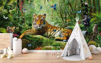 Tiger and jungle scenery landscape wall mural next to a white teepee tent.
