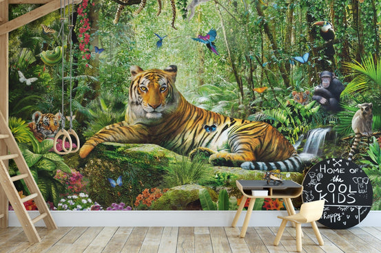 Royal Safari Landscapes Wall Mural in a kids study room with a wooden desk.