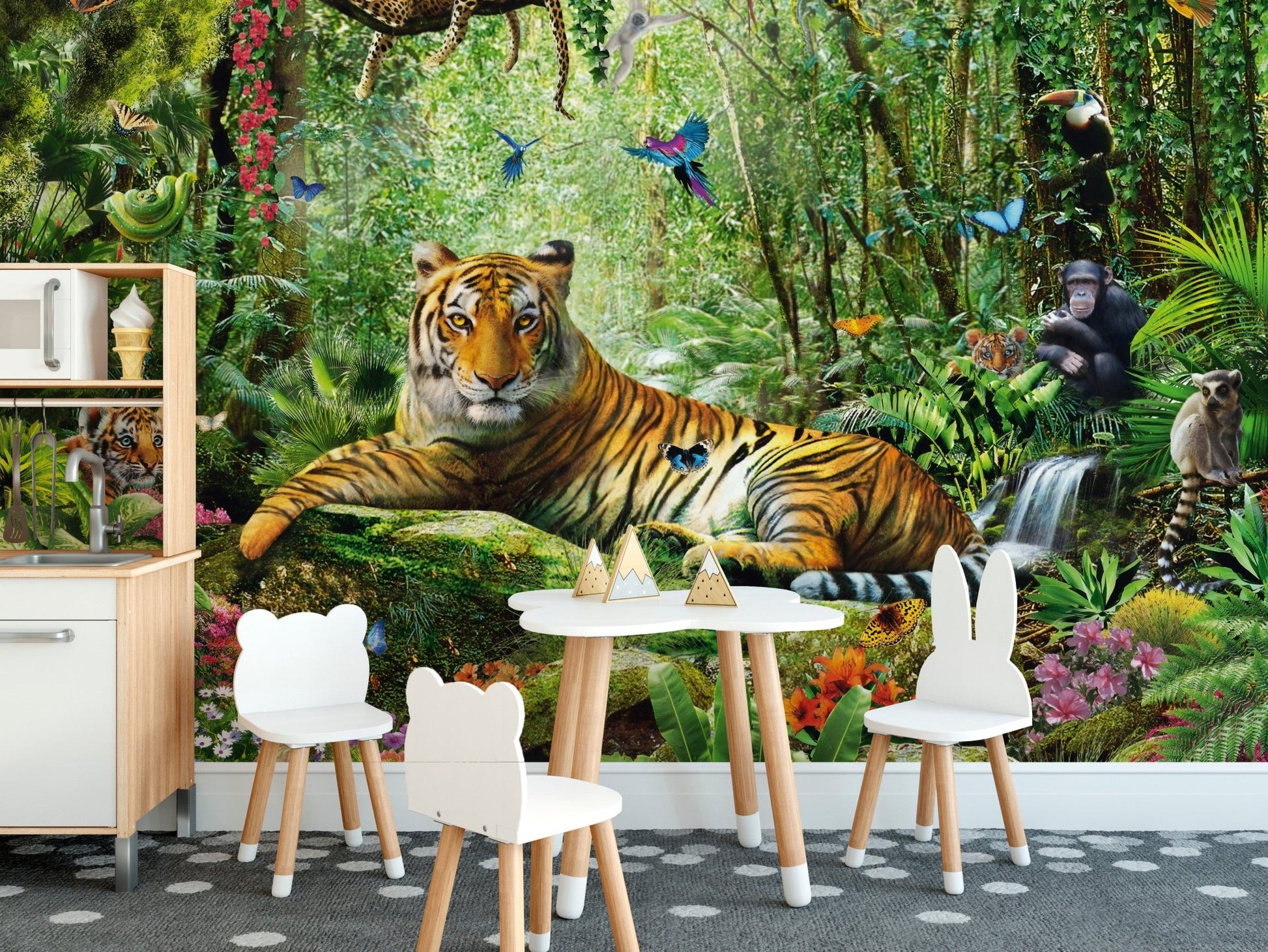Royal Safari Landscapes Wall Mural in a dining space with white chairs.
