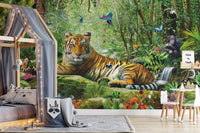 Jungle safari wall mural behind a grey house-shaped bed frame in a playroom.