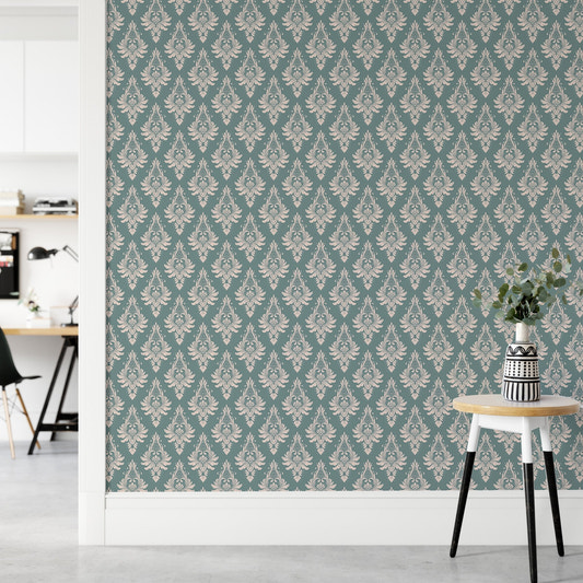 Royal Victorian Green Damask Pattern Wallpaper in a modern hallway with white trim.