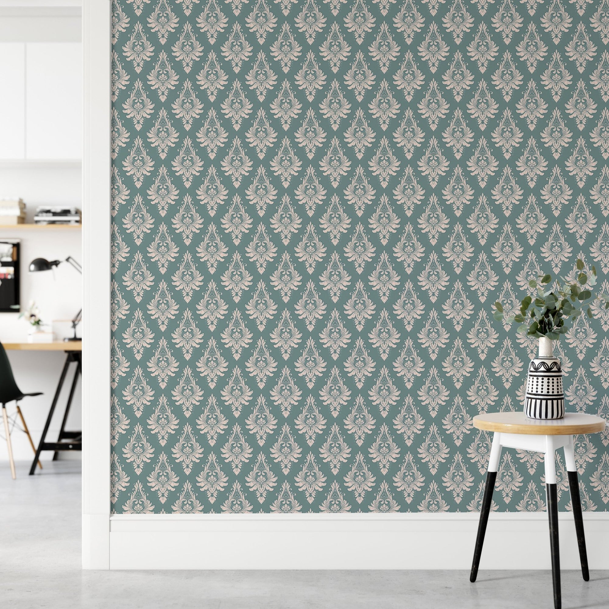 Royal Victorian Green Damask Pattern Wallpaper in a modern hallway with white trim.