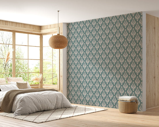 Large bedroom feature wall featuring Royal Victorian Green Damask Pattern Wallpaper.
