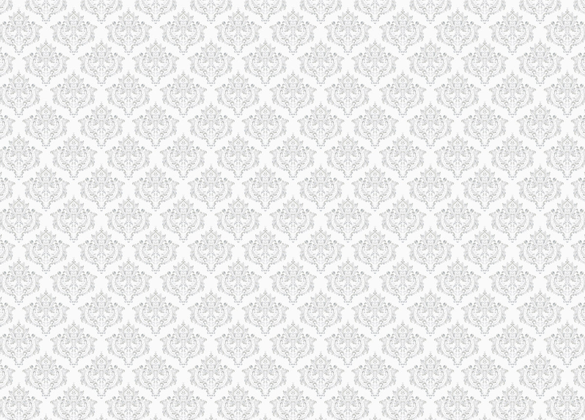 White and Grey Color Damask Repeat Pattern Wallpaper in your room — zoomed