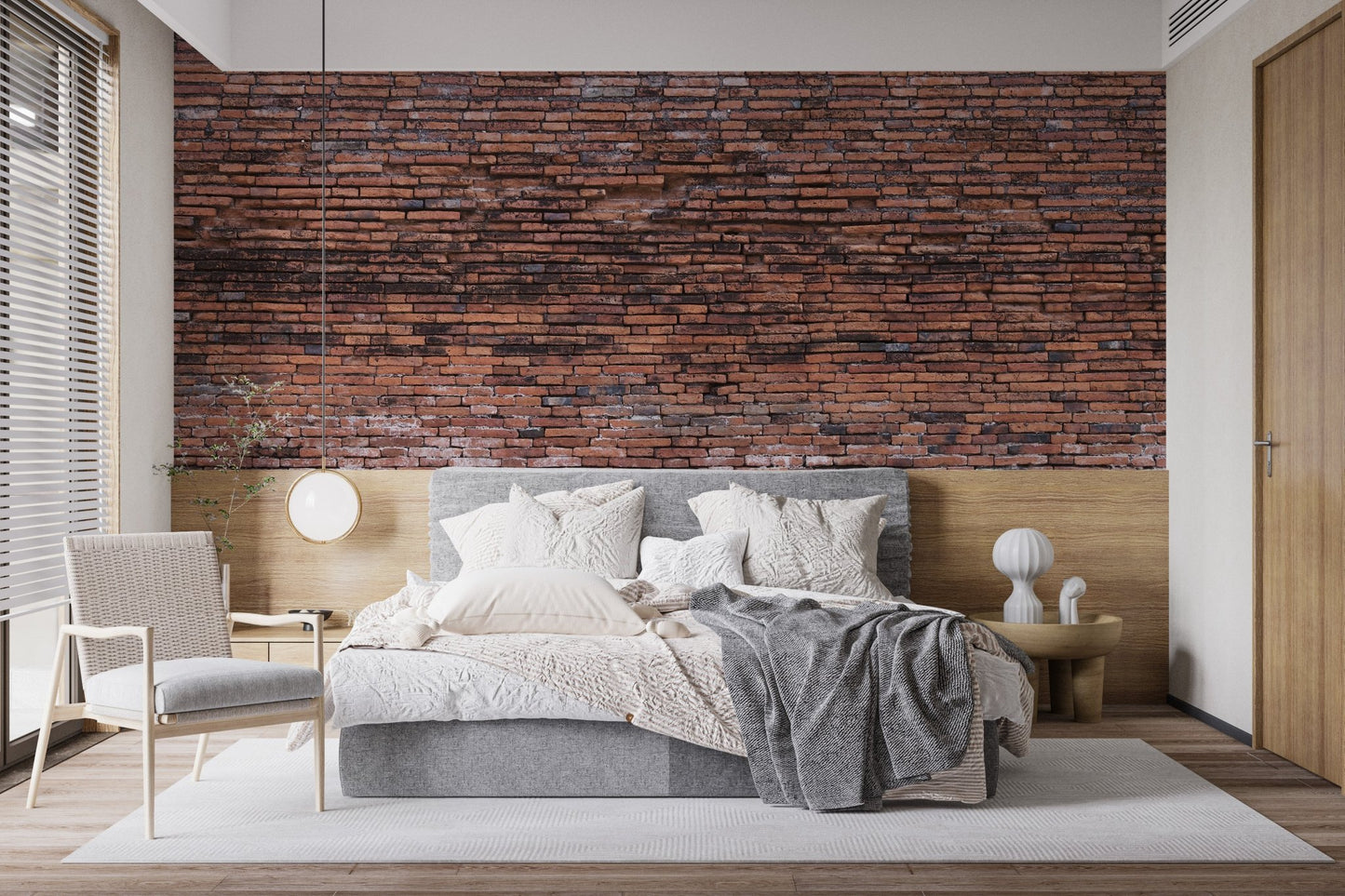 Rugged Brickwork Wallpaper Murals in a contemporary bedroom behind a light bed.