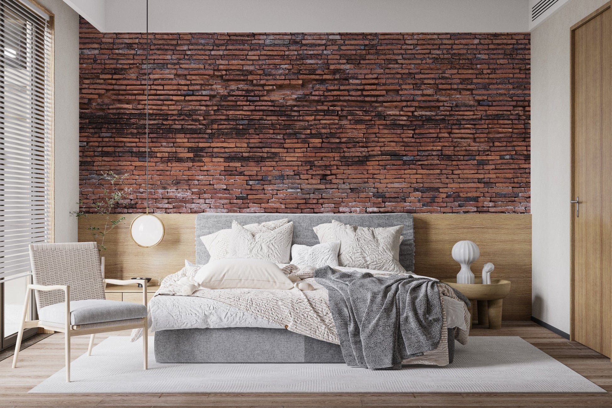 Rugged Brickwork Wallpaper Murals in a contemporary bedroom behind a light bed.