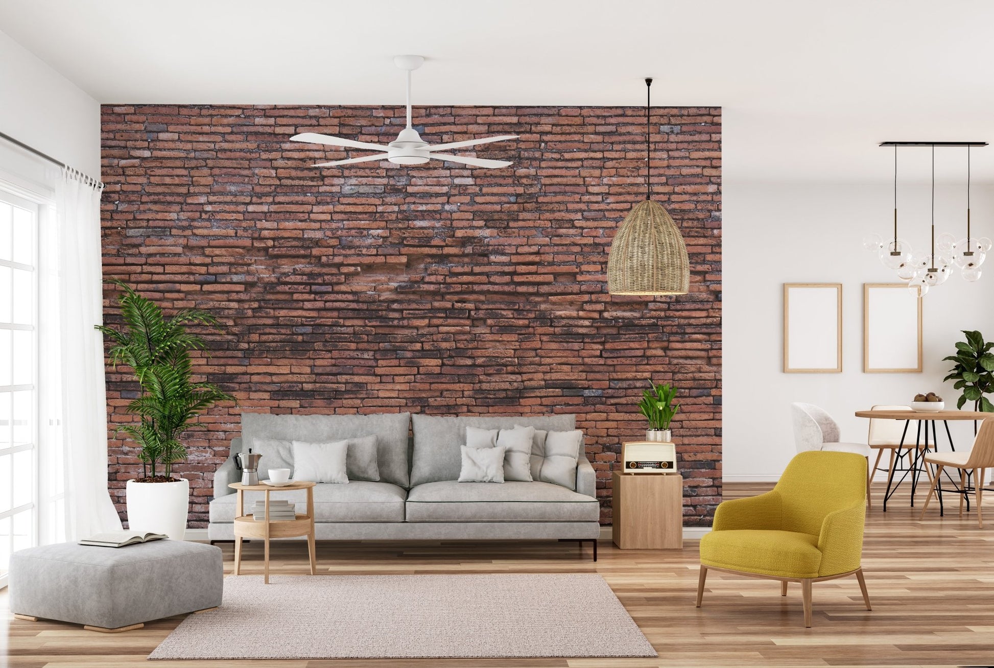 Red textured brick wallpaper mural in a bright lounge with a yellow accent chair.