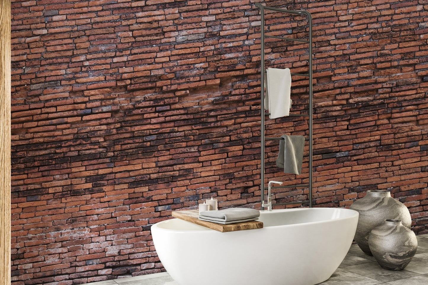 Detailed Rugged Brickwork Wallpaper Murals in a clean bathroom with a white tub.