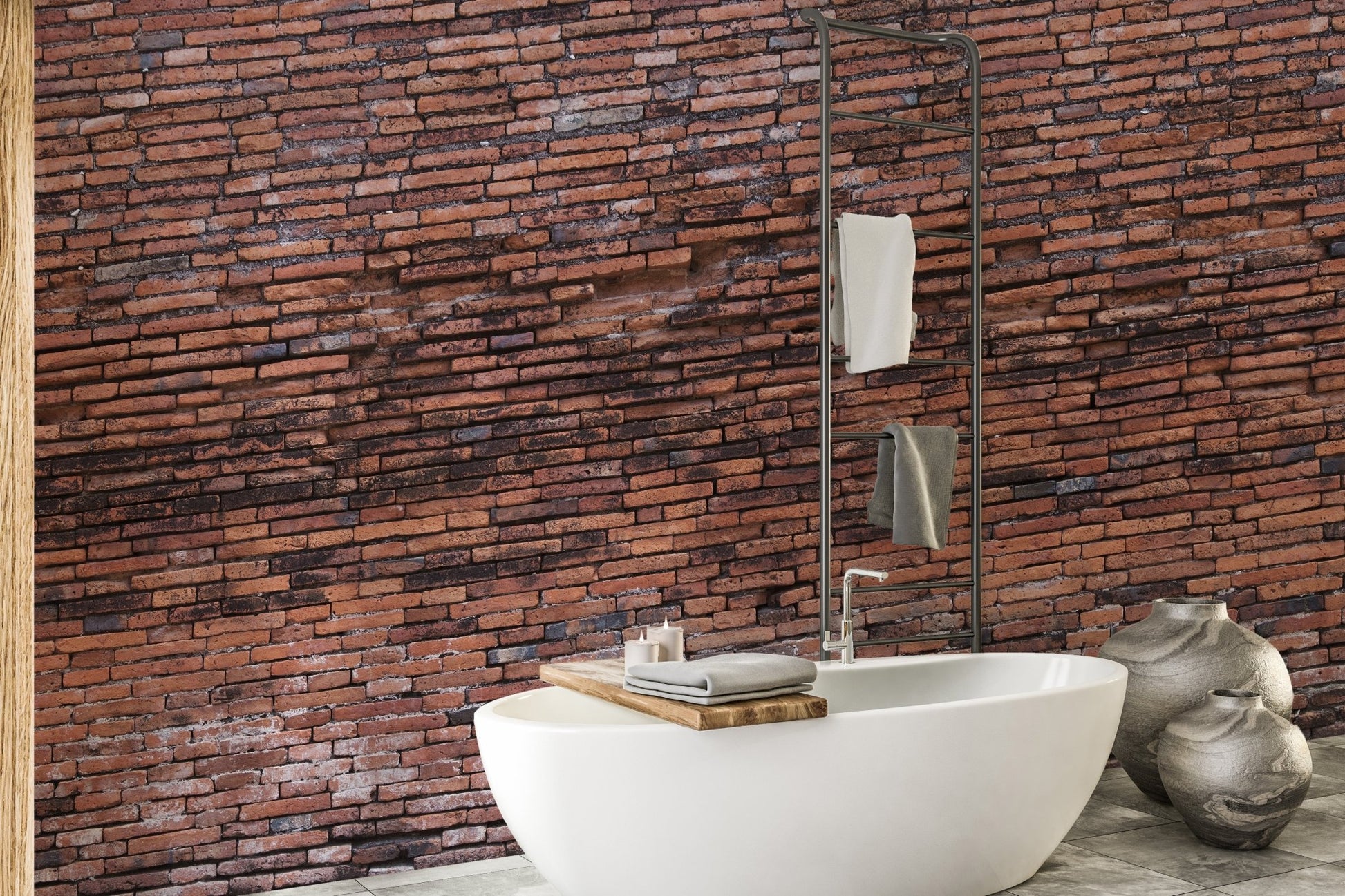 Detailed Rugged Brickwork Wallpaper Murals in a clean bathroom with a white tub.
