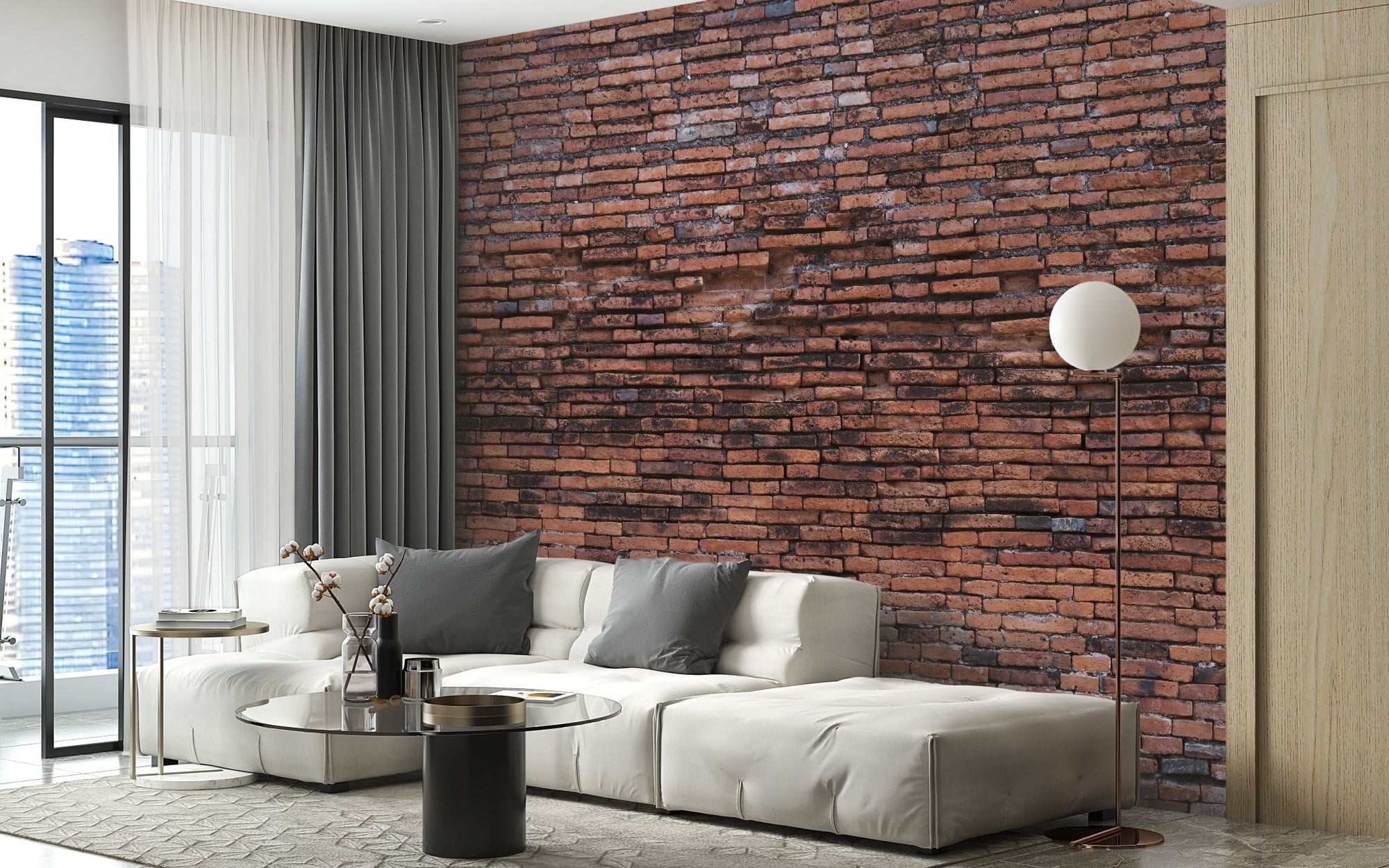 Rugged Brickwork Wallpaper Murals in a modern living room with a white sofa.