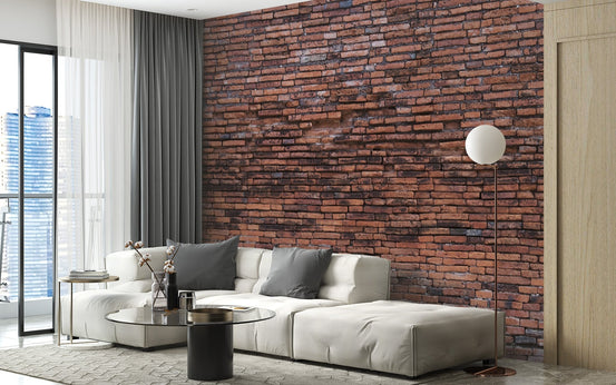 Rugged Brickwork Wallpaper Murals in a modern living room with a white sofa.