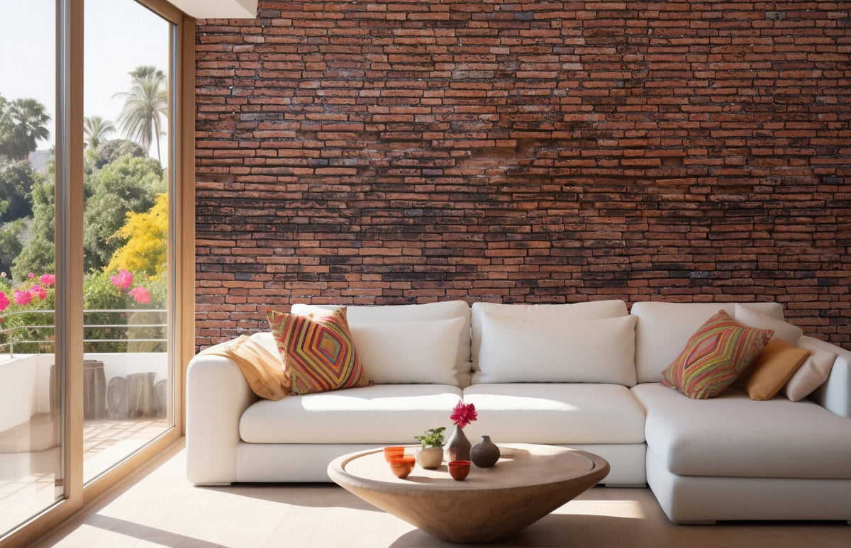 Brown brick wall mural in a sunlit apartment living space with large windows.