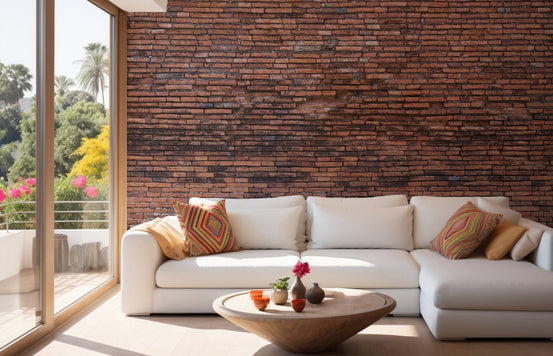 Brown brick wall mural in a sunlit apartment living space with large windows.