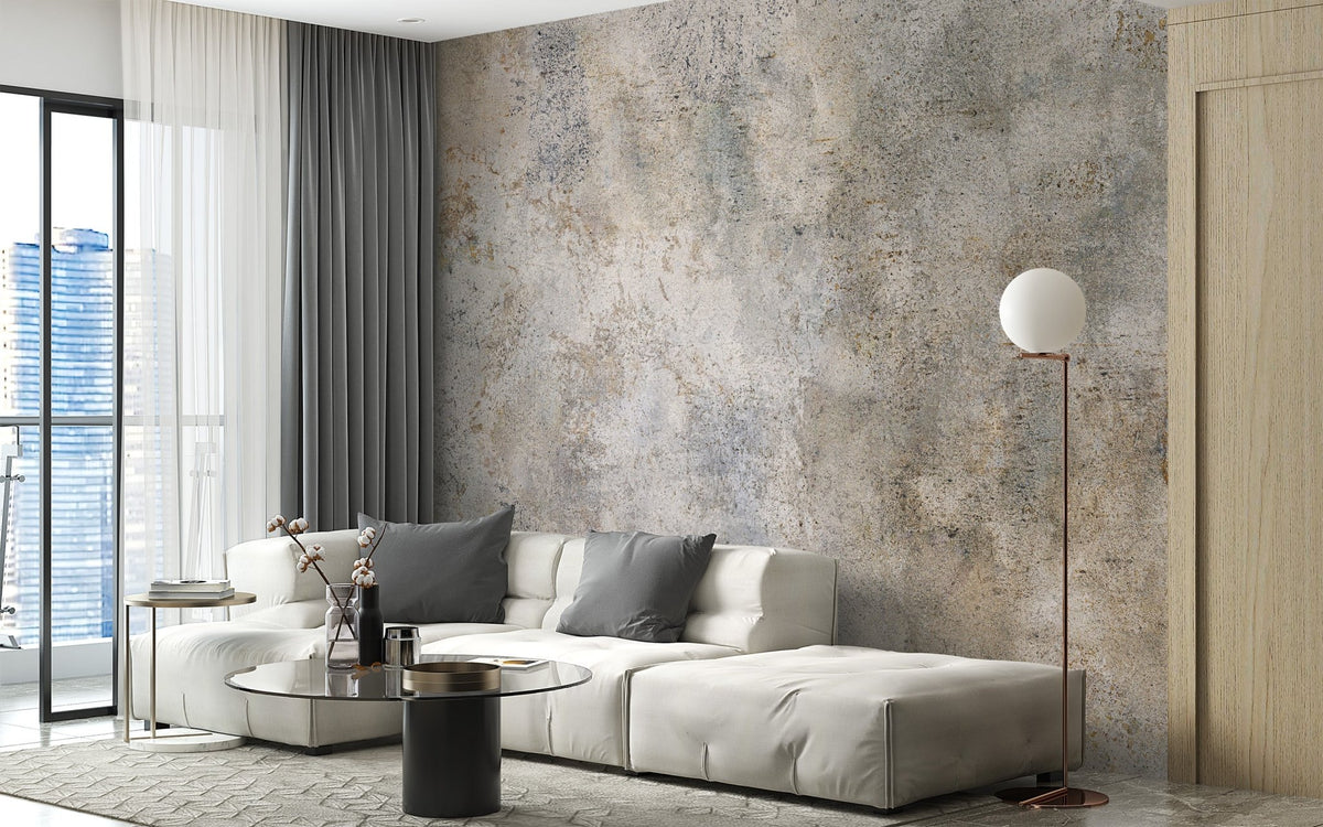 Textured grey cement wallpaper with subtle warm beige accents.