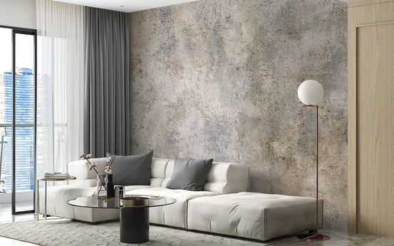 Textured grey cement wallpaper with subtle warm beige accents.