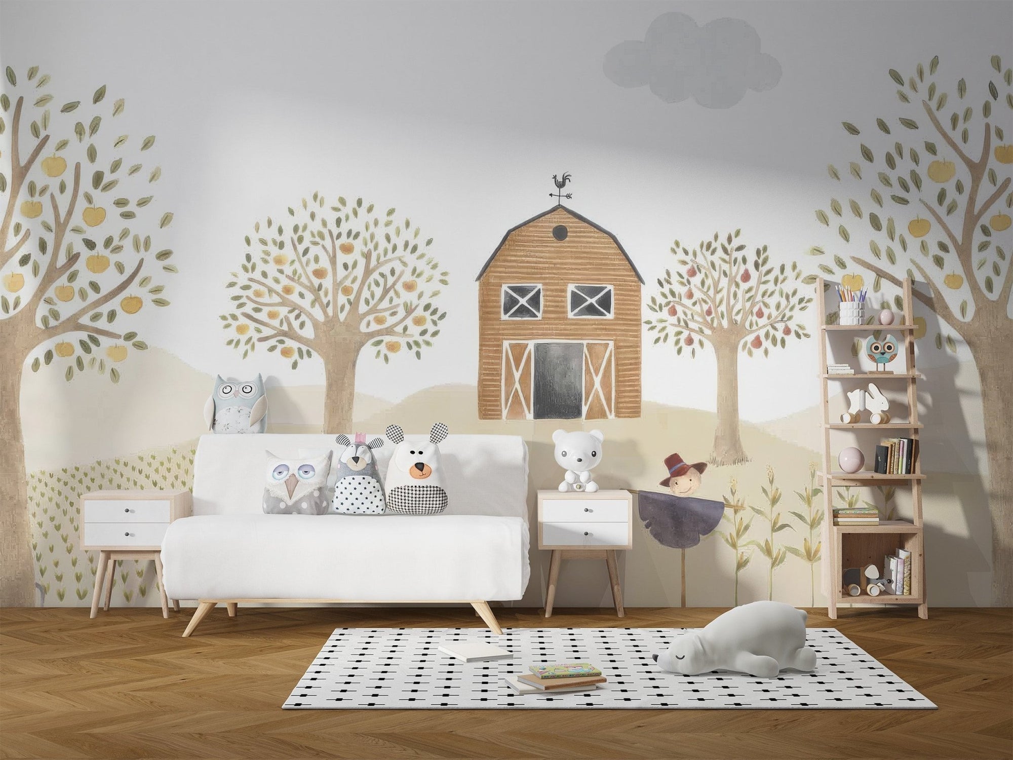 Rustic farmhouse kids wall mural with barn and farm animal wallpaper.