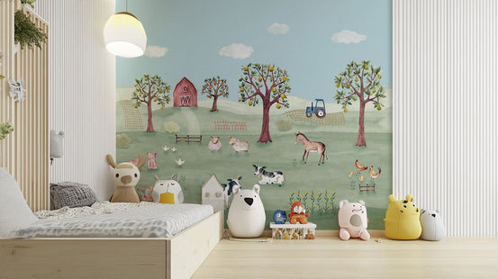 Country field rustic wallpaper mural with sheep, pigs and chickens.