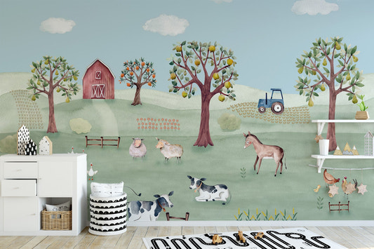 Rustic farmyard wall mural with barn, animals and green meadow.