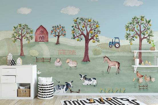 Rustic farmyard wall mural with barn, animals and green meadow.