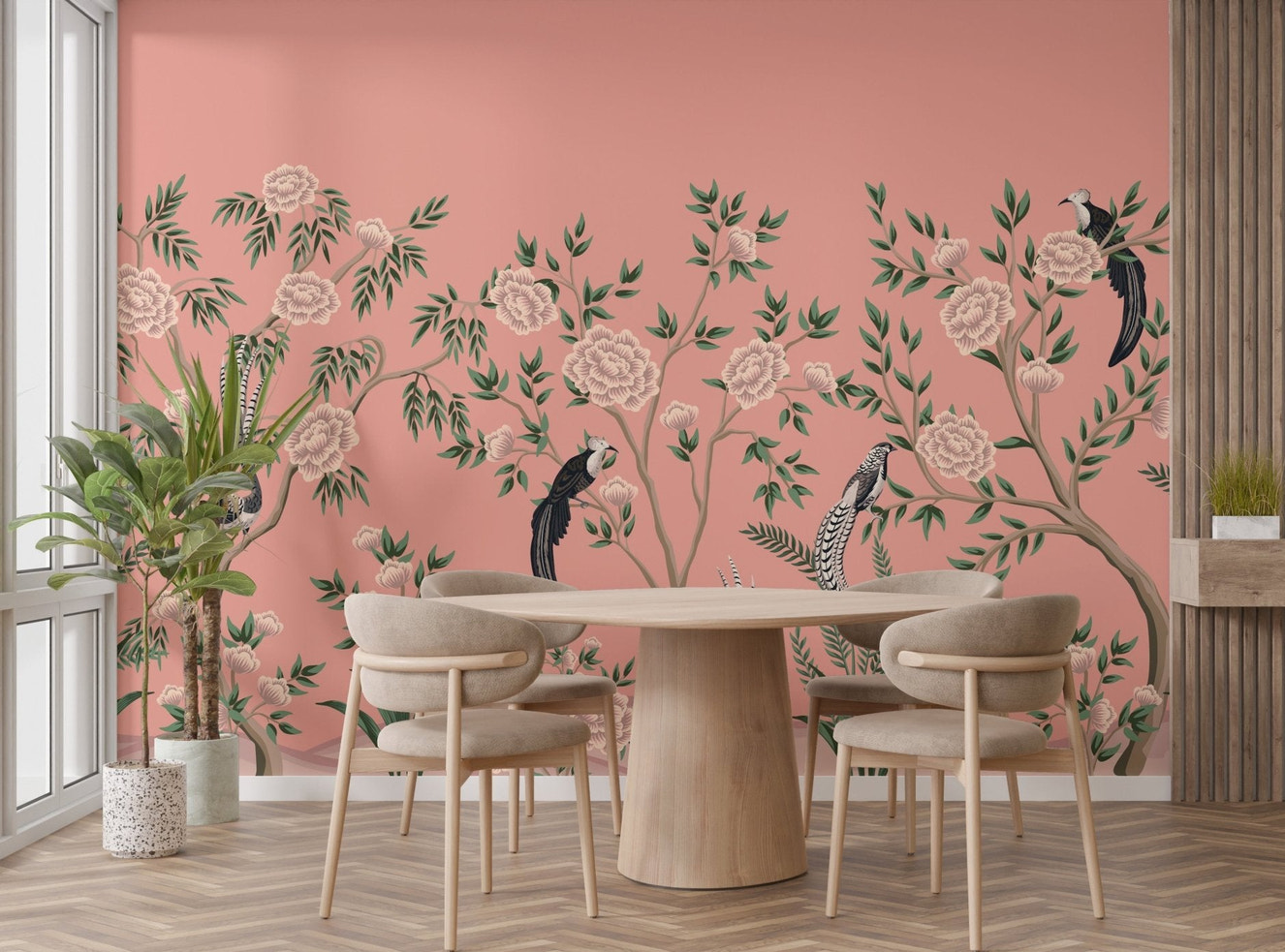 Rustic Florals Chinoiserie Floral Mural styled with a round wooden dining table.