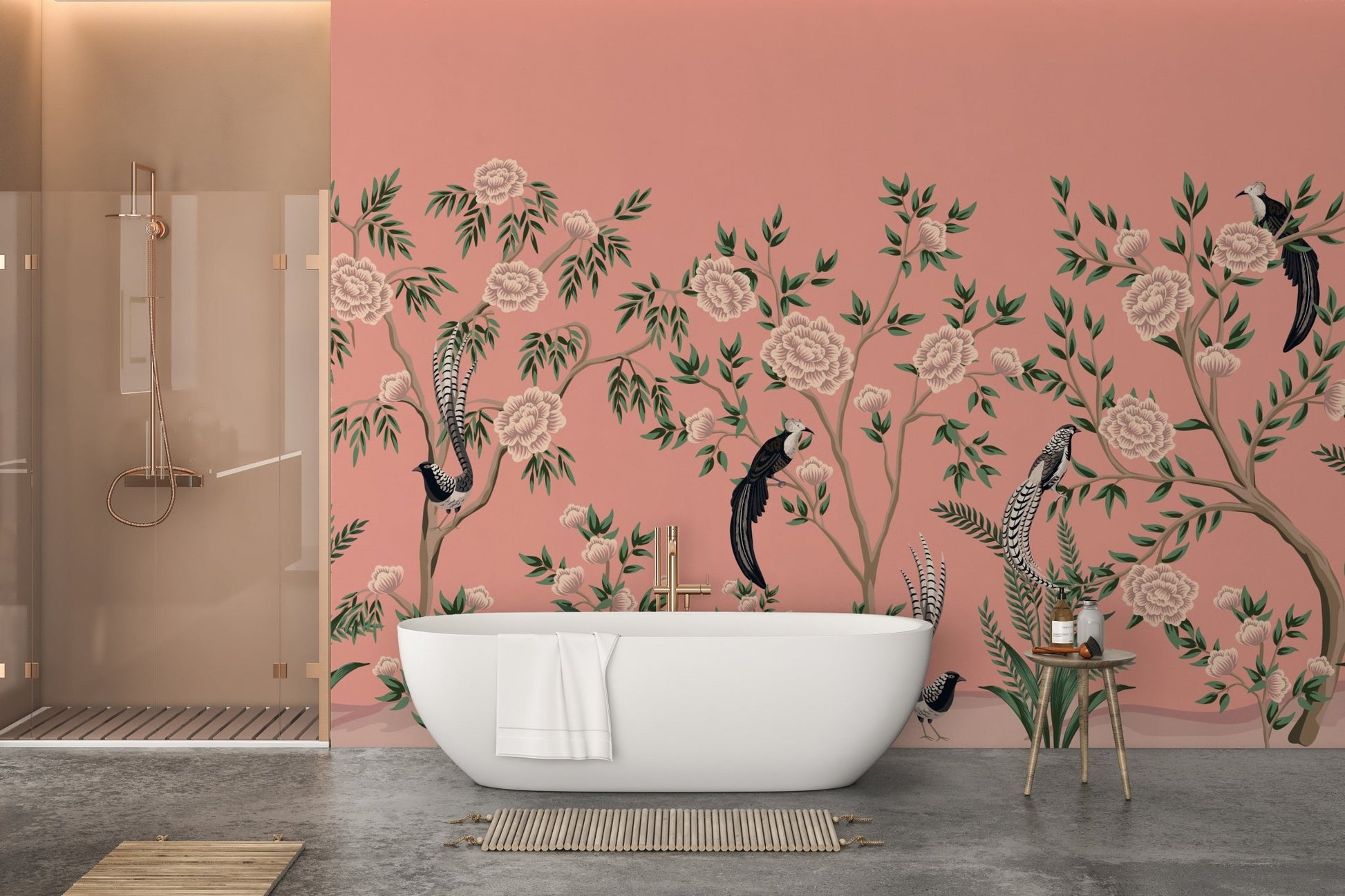 Wall mural showcasing chinoiserie floral patterns with rustic accents.
