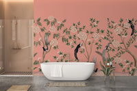 Wall mural showcasing chinoiserie floral patterns with rustic accents.
