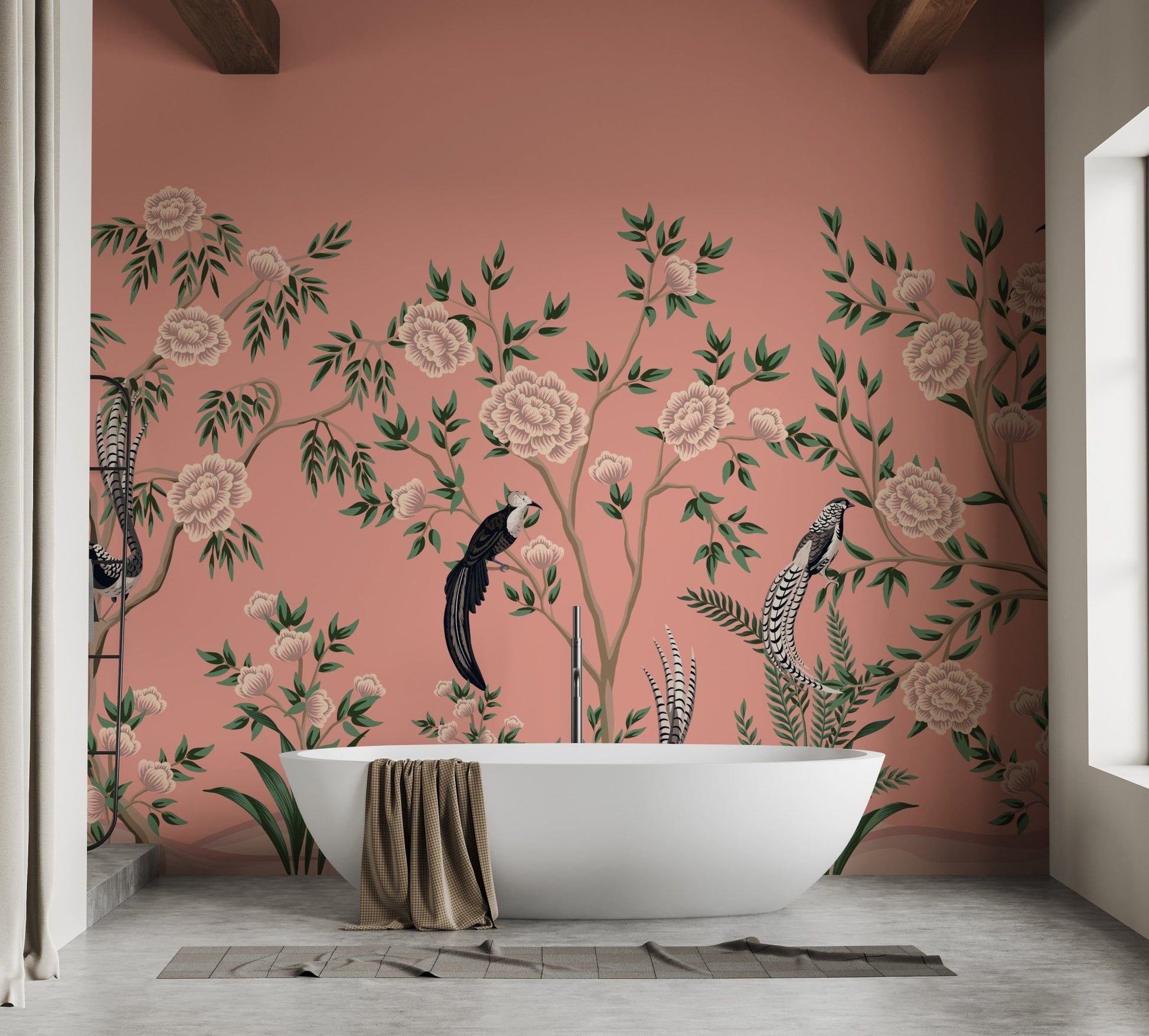 Elegant mural featuring rustic florals in a chinoiserie style.
