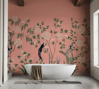 Elegant mural featuring rustic florals in a chinoiserie style.
