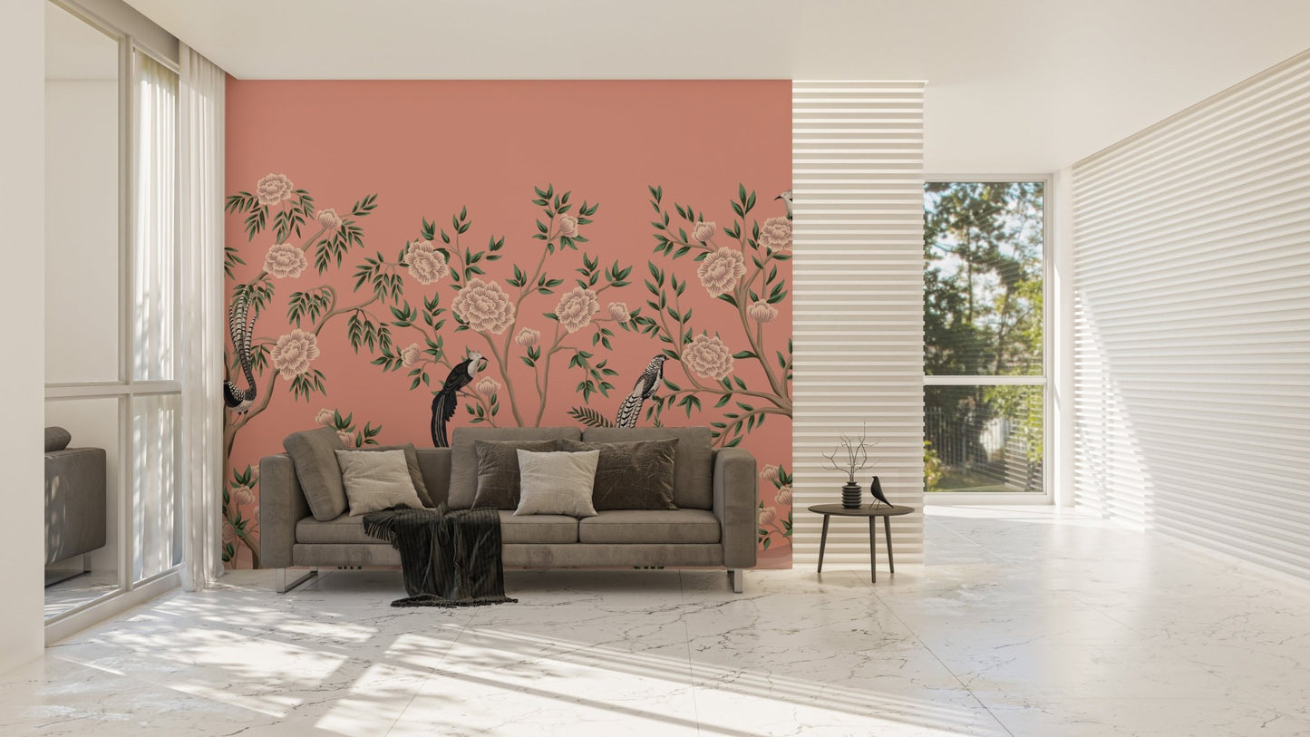 Chinoiserie mural featuring rustic florals for classic wall decor.
