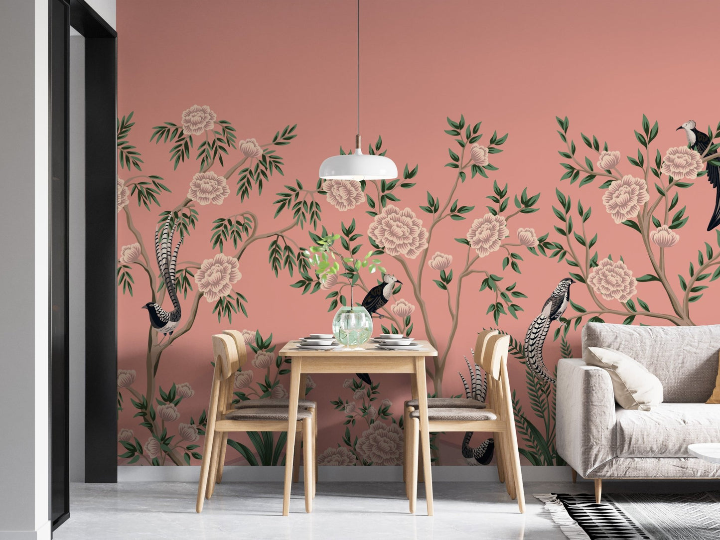 Artistic mural blending rustic charm with chinoiserie floral designs.
